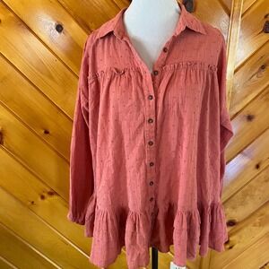Easel Swiss Dot Cotton Button Down Ruffle Peplum Tunic Top ET16417 S Terracotta